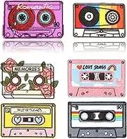 HEYTRCO 6PCS Cartoon Tape Iron on Patches, Cute Vintage 90's Retro Cassette Vibes Mixtape Embroidered Repair Patches for Clothes, Classic Applique for Hats, Jeans, Jackets, Backpacks, Shoes