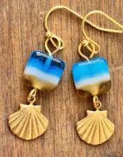 Beachy Bronze Sea Shell & Glass Bead Earrings. Ocean.