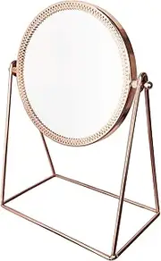 Makeup Mirror Vanity Mirror Vintage 360° Rotation Metal Cosmetic Mirror Round Beauty Mirror Handmade Make Up Mirror for Dresser Vanity Table Desktop Bathroom Bedroom (Circular, Rose Golden)
