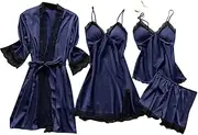 [Hiliby] Lingerie Sleepwear Babydoll Women Lace Robe Dress Set Pajamas Nightdress Silk Satin Chemise Medium