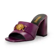 Versace Women's Gold Medusa Plum Leather Sandals Mules Shoes US 7 IT 37