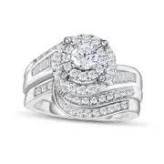 1.0 CT. T.W. Natural Diamond Bypass Double Frame Bridal Engagement Ring Set in Solid 14K White Gold