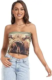 [RPLIFE] Curious Highland Cow Coastal Summer Tops, Strapless Top for Women, Mesh Tube Tops, Trendy Crop Tops (S)