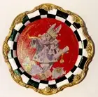 Gorgeous Hand painted Checkered/Gold&Red Alice In Wonderland Silver Platter 13”