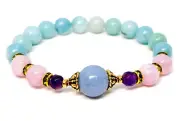 Blue Angelite Kunzite and Amazonite Stone Bracelet, Gold Tiffany, Gift for Her