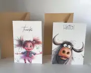Cute Cartoon Greeting Cards Set - 'Thanks' & 'Hello'