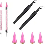 8 Pcs Kit Rhinestone Picker Tool & Pen | Dual-Ended Nail Art Applicator with 4 Wax Tips +2 Tweezer | 2 Rhinestone Pick-Up, Dotting Wax Pen for DIY Manicure, Craft Gem Setting