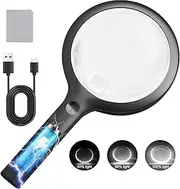 10X 30X Charge Magnifier with Light, NUEYiO 4.33Inch Large Handheld Magnifying Glass with Light, 20 Daylight LEDs & Third Gear Dimming Lighted Magnifying Glass for Seniors Reading Jewelry -Black