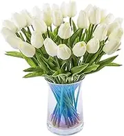 JOEJISN 30pcs Artificial Tulips Flowers Real Touch Tulips Fake Holland PU Tulip Bouquet Latex Flower White Tulip for Wedding Party Office Home Kitchen Decoration (Milk White)