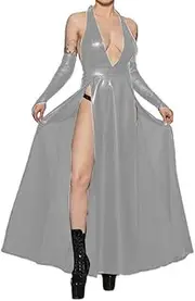 [EGEN] Sexy Halter Sleeveless High Split Slim Midi Dress PU Leather Dress with Gloves Slim Backless Long Dress Club Party Robe S-7XL (4X-Large,Silver,4X-Large)