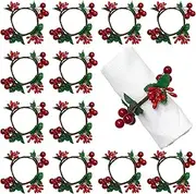HAOYPAIC Napkin Rings Set of 12, Rustic Napkin Ring Serviette Holders Handmade Red Berry Table Decorations for Wedding Christmas Thanksgiving New Year Valentine's Banquet Birthday Party