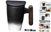 Tomotime Ceramic Tea Cup with Infuser and Lid Tea Mugs Wooden Handle Black#
