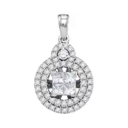 14k White Gold Princess Diamond Cluster Circle Frame Pendant 7/8 Cttw