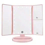 TOOLKISS Pink Tri-Fold Lighted Makeup Mirror – 22 LED Vanity Mirror with 1X/2X/3X/10X Magnification, Portable Cosmetic Mirror for Precise Beauty Application