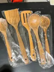 5pcs Wooden Cooking Spoon Set Wok Turners Natural Teak Wooden Utensil Kitchen...