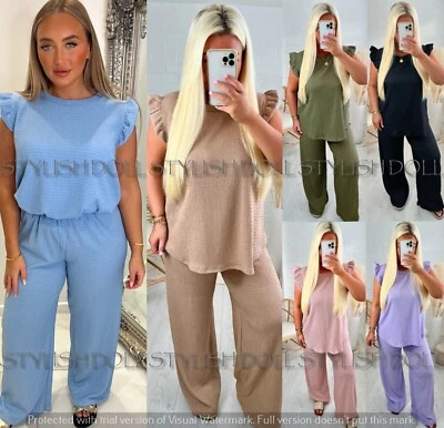 Women's Textured Cheesecloth Frill Sleeve Top Trouser 2PCS Co Ord Loungewear Set