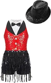 [TiaoBug] Kids Girls Sequins Tassel Latin Dance Dress Leotard Jazz Performance Dance Outfit with Hat Dance Costumes