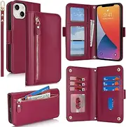 SunYoo for iPhone 14 13 Case Leather Wallet with Card Holders Money Slots Wrist Strap for Women Men RFID Blocking Purse for iPhone14 iPhone13 Zipper Coin Pocket Cover Kickstand Folio Flip Case Red