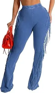 [BOKITECAO] Women's Casual Mid Waist Fringed Cotton Bodycon Pants with Tassels and Elastic Waist