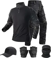SANYETS Tactical Suit,Combat Pants and Shirt,Cap Gloves Balaclava Set,Black Camo Uniform Men's Military Airsoft Gear
