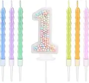 EAKE 1 Birthday Candle Pastel with 6 Pcs Rainbow Pearl Candles, Macaron Glitter 3D Number 1st Candle for First Birthday Boy Girl Sweet Theme Party Cake Decoration