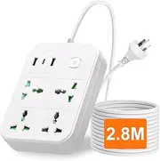 7 in 1 Universal Power Strip with USB, Extension 2.8M Cord with 4 Wide AC Outlets and 3USB Ports(1USB C), 2500W Powerboard, Surge Protector for Home Office (White)