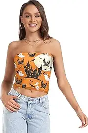 [RPLIFE] Halloween Spooky Castle Orange Tube Top, Strapless Top Going Out, Sheer Tube Tops, Trendy Crop Tops (S)