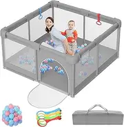 Baby Playpen 130 x 130CM, Extra Large Baby Play Pen for Babies and Toddlers, Baby Fence Play Pens Indoor & Outdoor Activity Center with Ocean Balls and Pull Rings