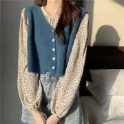 Plain Crop Sweater Vest / Long-Sleeve Floral Blouse / Long-Sleeve Lace Top Lace Top - Almond - One Size
