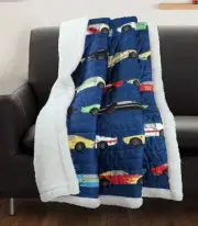 Lush Decor, Navy Cars Throw | Fuzzy Reversible Sherpa Blanket with Racing Print
