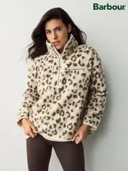 Barbour® Beige Nina Leopard Print Quarter Zip Overlayer 100% Cotton Fleece (585132) | $120