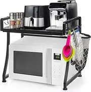 DEAYOU Microwave Oven Rack, Extendable Toaster Stand Utensils Storage with 8 Hooks, 2-Tier Adjustable Kitchen Countertop Organizer Shelf for Air Fryer, Rice Cooker, Spice, 110lbs Weight Capacity