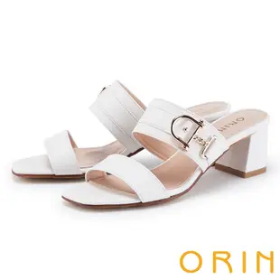 ORIN 布紋羊皮金釦高跟拖鞋 白色