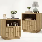 Fluted Nightstands Set of 2, Brown Night Stands with 2 Drawers and Open Shelves, Wooden Bedside Table Modern Design End Table for Bedroom Sofa Office (2, Natural Oak)