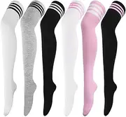 [AQOKKA] Extra Long Thigh High Socks for Women Long Cotton Boot Thigh High Stockings Striped Over Knee High Socks Leg Warmers, 6 Pair Extra Long: White&pink, White&black, Black&white, Grey&black, Black