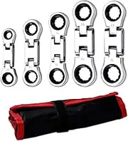 Snblzhef 5-Piece Stubby Flex- Ratcheting Wrench Set Metric Combination SAE 72-Teeth, Nickel Plating with Rolling Pouch