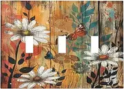 Light Switch Cover Plate Vintage Wooden Daisies Butterflies Floral 3 Gang Triple Toggle Decorative Switch Plates Wall Plates Electrical Switchplate Faceplate for Bathroom Farmhouse Decor