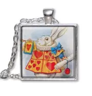 Alice In Wonderland White Rabbit - Handmade SQUARE Glass Pendant Necklace