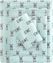 True North by Sleep Philosophy Cozy Flannel Warm 100% Cotton Sheet - Novelty Print Animals Stars Cute Ultra Soft Cold Weather Bedding Set, Queen, Aqua French Bulldog 4 Piece