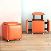 5 in 1 Nesting Ottoman Cube Chair,Stackable Stools Leather Square Ottoman Bench Movable Foot Stool with Wheels for Living Room,Dining Room(Orange)