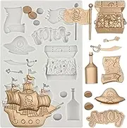 Pirate Silicone Molds Treasure Chest Pirate Ship Fondant Mold Pirate Chocolate Molds for Cake Decorating Cupcake Topper Candy Polymer Clay Gum Paste (Grey, 15.6 * 10.1CM)