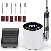 Electric Nail Drill Machine, 35000 RPM Professional Nail Efile with Foot Pedal & 6 Drill Bits, Adjustable Speed, LCD Display Touchscreen Buttons, Nail Filer for Acrylic Nails