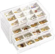 Acrylic Earring Organizer Box with 4 Drawers and Adjustable Trays for Women - Warm White