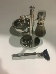 3 Pc Chrome Shave Set Kit -Mach 3 Razor handle, Badger Shave Brush, Soap Dish