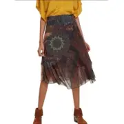 Desigual Luka Mesh Patchwork Skirt US Small Asymmetrical Hem Summer Boho Chic
