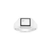 Silver Cz & Black Agate Rectangle Satin Top Men's Ring in Black