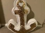 Pottery Barn Teen Emily Meritt Gold Sequin Anchor Pillow Nautical Sparkling 18in