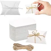 50 Pieces Paper Pillow Boxes, Party Gift Pillow Box, Pillow Candy Boxes, Wedding Favour Pillow Box, with 50 Jute Rope, for Birthday Wedding Anniversary Christmas Party Decoration(White)