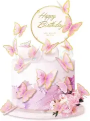 11-Piece Pink Gold Butterfly Cake Toppers - Happy Birthday Metal Cake Topper