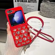 [CrazyLemon] for Samsung Galaxy Z Flip 5 2023 Case Cute Luxury Glitter Sparkle Shiny Bling Heart Rhinestone Design with Crossbody Shoulder Strap for Women Girls Hard Slim Shockproof Case Cover - Red